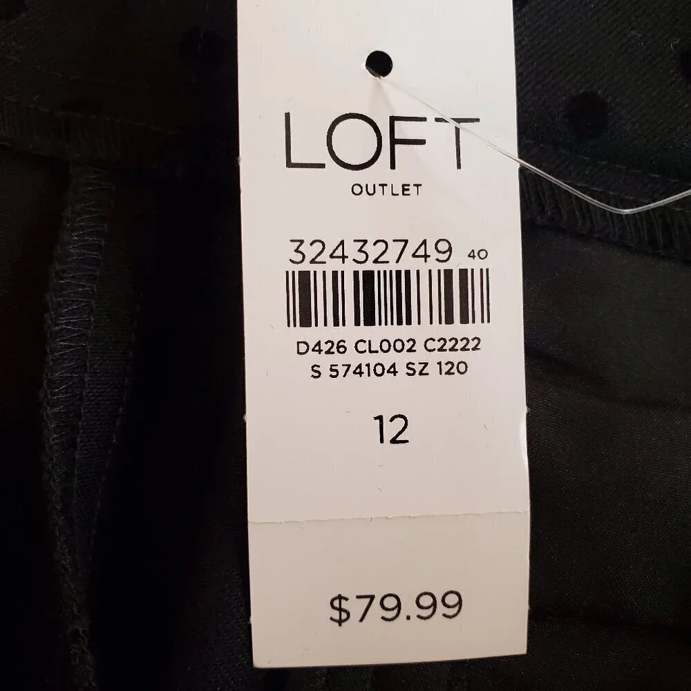 NEW LOFT Outlet SZ 12 Womens Black Flocked Polka Dot Mid-Rise Dress Trouser Pant